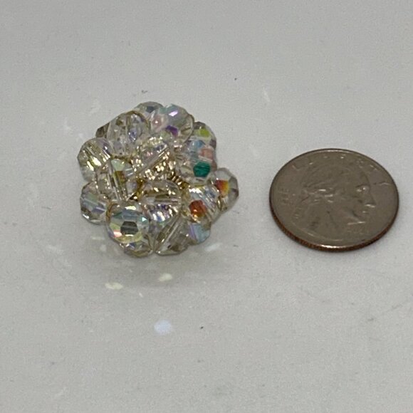 Vintage Aurora Borealis Crystal Ring Stretch Crochet Band Size 6.5 Rare - Picture 6 of 7